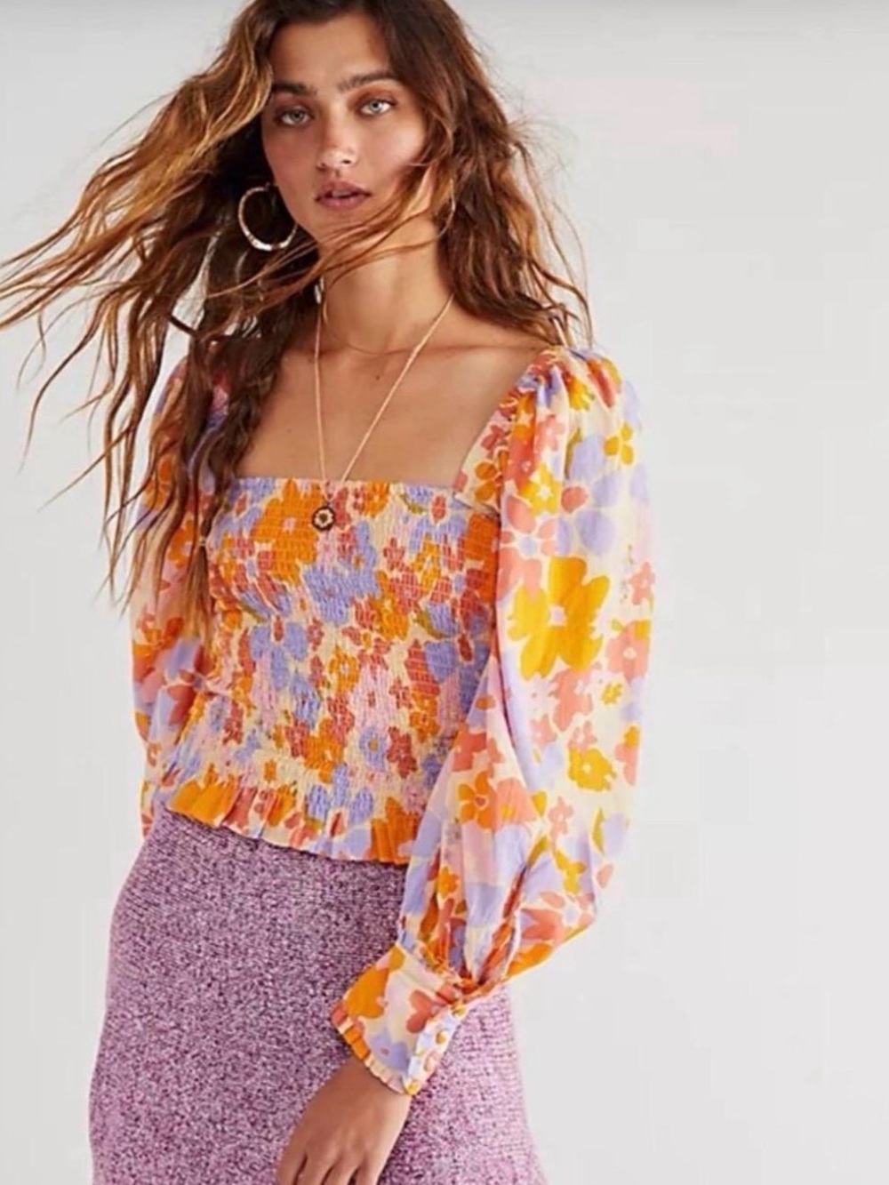 Free People Lavender & Orange Floral Ariana Smocked Square-Neck Top